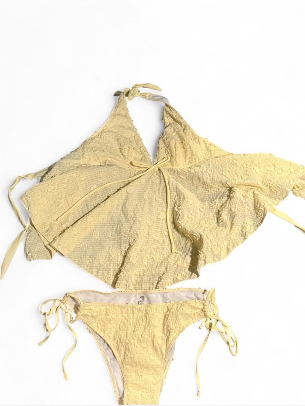 Yellow Lace Halter Tankini Top with Tie-Side Bikini Bottoms